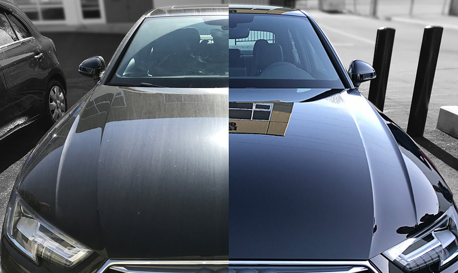 A gloved hand applying a liquid ceramic coating to a shiny black car panel, showing the rainbow effect of the product flashing. This demonstrates the professional application process for how much to ceramic coat car.